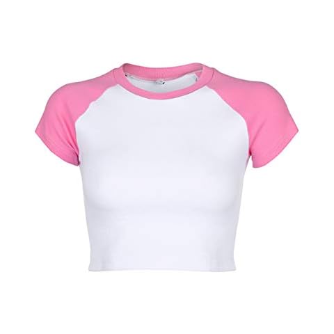 Women’s Basic Round Neck Short Sleeve Crop Top Raglan Sleeve Harajuku Ribbed Cropped T Shirt Color Block Cute egril Crop Tee Shirt (S, Pink White) Cover