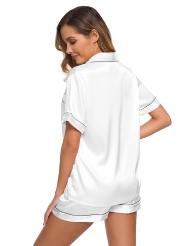 Image of SWOMOG Womens Silk Satin Pajamas Set Short Sleeve Sleepwear Button Down Top and Shorts Loungewear 2 Piece Pjs Set XS-3XL
