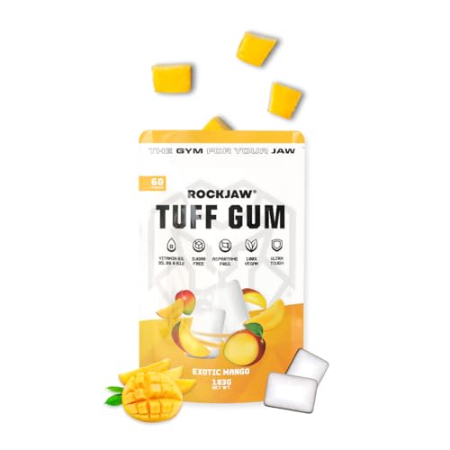 ROCKJAW® Tuff Gum | Goma de mascar ultradura para una mandíbula más definida | Vitamina B3, B5, B6 y B12 | 1350mg de xilitol | Sin azúcar | Sin aspartamo | 60 piezas | Mango exótico