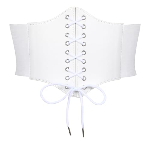 Women Elastic Wide Corset Belt Vintage Lace-up Tied Waspie Corset Waist Belts for Halloween Renaissance Punk Costume, White, Fit waist size 42''-46''