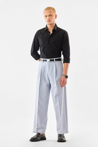 Image of SNITCH Men Casual Wear Chinos | Baggy Fit Wide-Leg Solid Trousers | Stretchable Cotton Blend Pants for Summer Outings