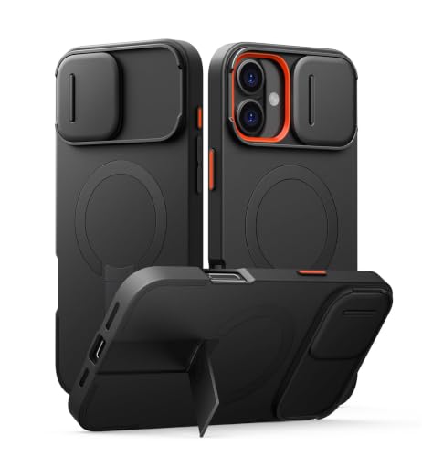 Image of SURITCH for iPhone 16 Plus Case with Magnetic Camera Slide Cover and Adjustable Kickstand, Compatible with MagSafe, Shockproof Bumper Case Slim Protective Cover for iPhone 16 Plus 6.7 Inch, Black