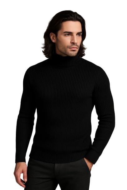 Men's Turtleneck Sweater, Ribbed Knit Design, Long Sleeve, High Neck, Black and White Colors, Winter Wear-picture-22