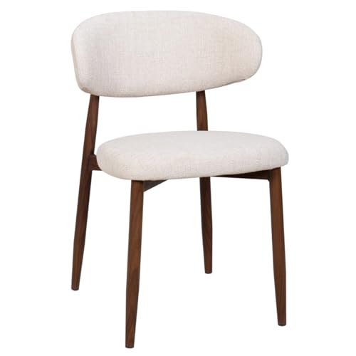 Modern Dining Chair with Curved Back Beige Upholstered Fabric Seat Walnut Wood Grain Metal Legs Upholstered Linen Accent Chair Mid-Century Style (Beige With Walnut Matel Leg)