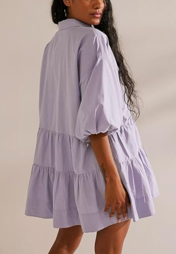 Image of chouyatou Women's Summer Puff Sleeve Tiered Tunic Babydoll Dress Cute Mini Button Down Shirt Dress