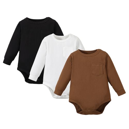 Image of ROMPERINBOX Newborn Baby Boy Onsies 3 Pack Rib Knit Solid Color Long Sleeve Pocket Infant Bodysuit for Fall Winter