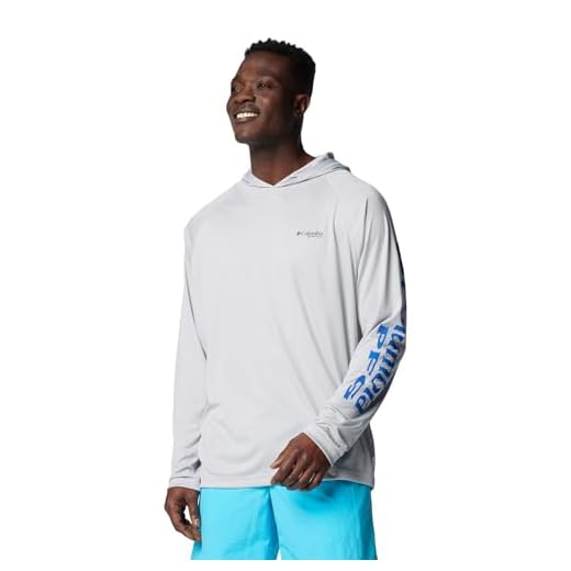 Columbia Mens PFG Terminal Tackle Long Sleeve Fishing Hoodie, Cool Grey/Vivid Blue Logo, Large