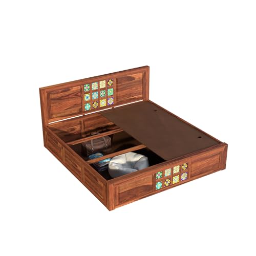 Image of King Size Bed with Storage Box | Sheesham Wood Bed | Multicolor Tiles Design Double Bed Woooden Cot for Bedroom & Hotel | Honey Finish, Recommended Mattress Size: 78x72 Inch