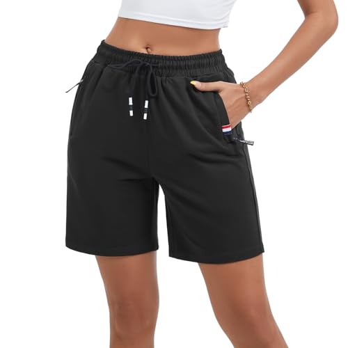 FGFD&OU Pantalón Cortos Deportivo Mujer Algodón Pantalones Corto para Correr Deporte Tiempo Libre Yoga Bermuda de Transpirable Elásticos con Bolsillos Cremallera (Negro, S)