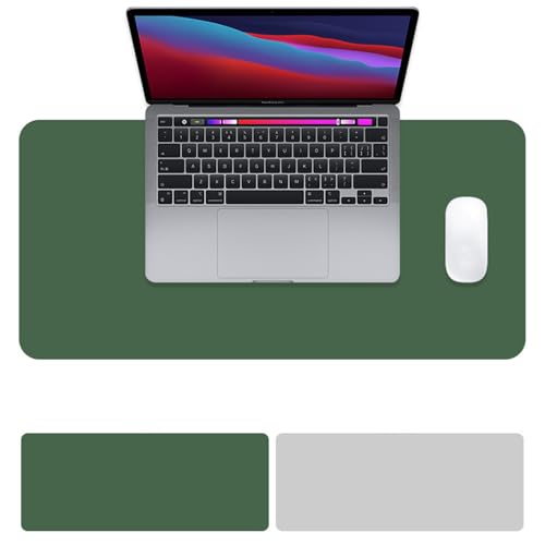 Tapis de souris imperméable en cuir bicolore vert foncé et gris pour bureau 80x40cm