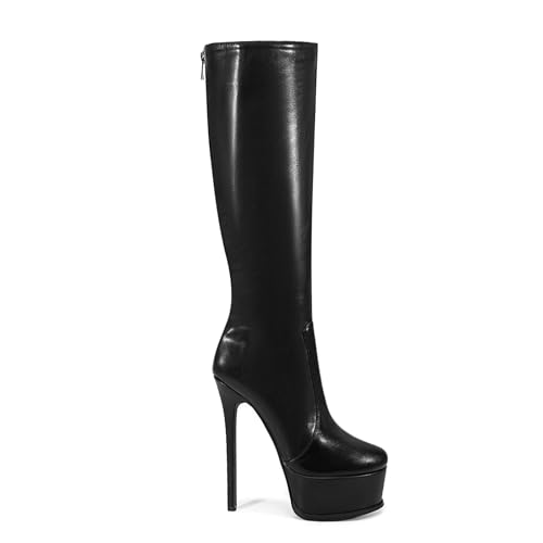 platform black knee high boots for women skinny round toe back zipper Stilettos heels Large size unisex wide calf boots3