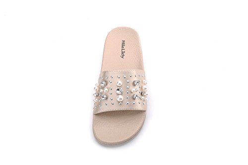 Mila Lady Womens Summer Non-Slip Pearl Slides Sandals Slipper for Indoor Outdoor Beach Casual Shoes, Sandy Nude 7