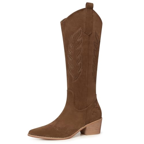 Image of SHIBEVER Suede Knee High Cowboy Boots for Women Comfortable Tall Cowgirl Boots Zipper Low Heel Fall Winter Western Booties