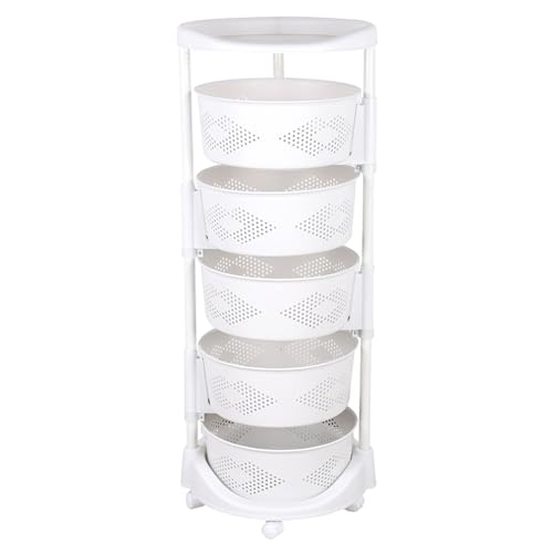 fufieae 5-Tier 180° Rotating Kitchen Cart - PP Plastic Swivel Lockable Wheels with 110.23lbs Capacity, Multi-Purpose Organizer for Fruits Vegetables Food Grocery Storage, 14.37x36.22in