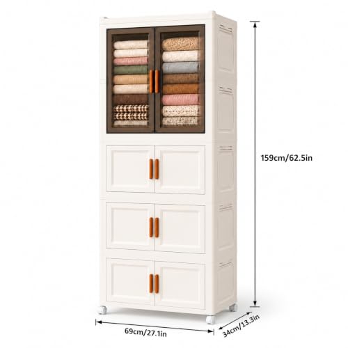 Image of KRISHYAM 4-Tier Plastic Storage Cabinet with 1 Transparent Door & Wheels, Smoky Translucent Doors, Multipurpose Clothes Organizer for Bedroom & Home, 159 x 69 x 34 cm