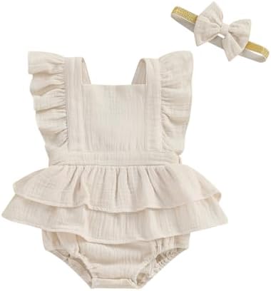 MERSARIPHY Newborn Baby Girl Summer Outfit Linen Ruffle Bubble Romper Dress One Piece Bodysuit Jumpsuit Infant Summer Clothes (Beige, 0-3 Months)