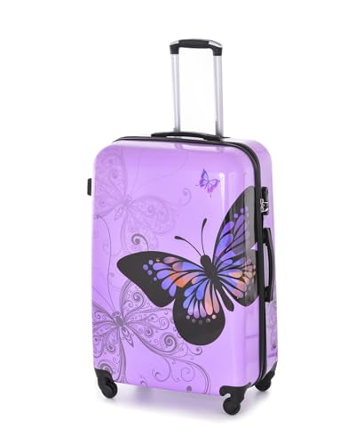 Hampton & Stewart Hard Shell 4 Wheel Suitcase PC Luggage Trolley Case Cabin Hand Butterfly Purple (Large)