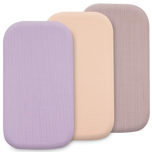 Image of 3 Pack Organic Muslin Bedside Bassinet Sheets Compatible with Mika Micky, Baby Delight, Dream On Me, AMKE and Other Bassinet Pads Size Between 17-21 in Width, 29-33 in Length, and 1.5-4 in Thick