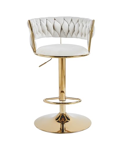 Image of Creative White Velvet Bar Chair | Modern Adjustable Bar Stool for Home, Kitchen & Bar Use | Electroplated Metal Base | 1.87 Feet Seat Height | Tufted Design | Qty 1