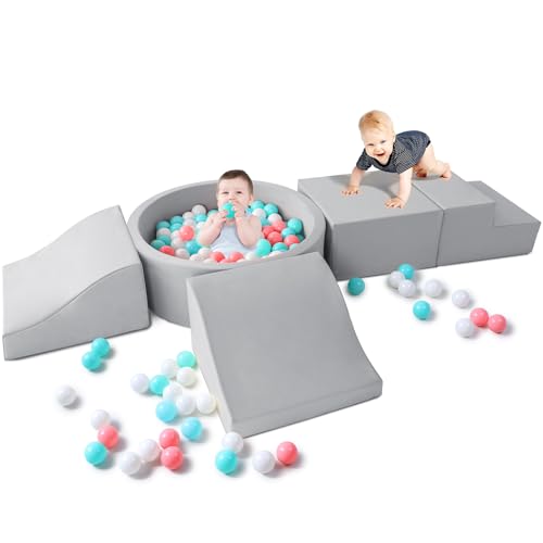 Hoohtoot Foam Climbing Blocks for Toddler: with 4-Piece PU Leather Climbing Toys and a Ball Pit - Foam Ball Pit for Toddlers - Climbing Toys Indoor for Kids Crawling
