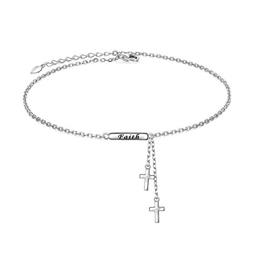 Flyow Cross Anklets Sterling Silver Double Sideways Cross Foot Ankle Bracelet Anklets For Women, 9+1 Inches #TOP17
