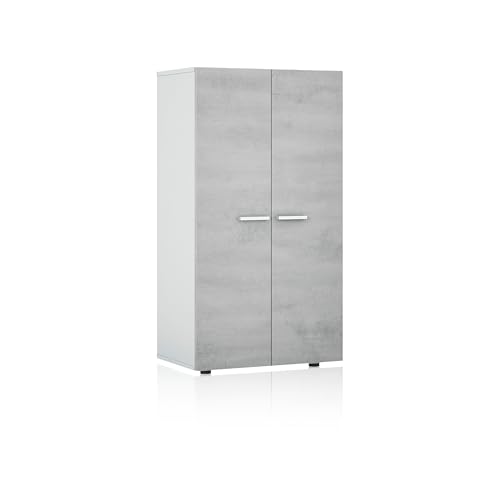 duehome | Zapatero 2 Puertas, Zapatero Estrecho, Modelo Cody, Acabado en Color Blanco Brillo y Cemento, Medidas: 103 cm (Alto) x 55 cm (Ancho) x 36 cm (Fondo)