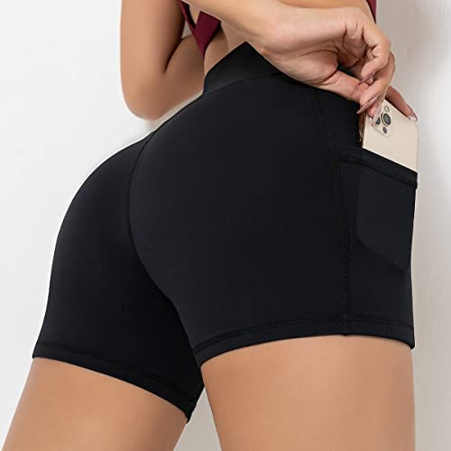 Darkterror Workout Shorts Women Spandex High Crossover Waist Gym Athletic Yoga Running With Pockets(Black-L) #TOP1
