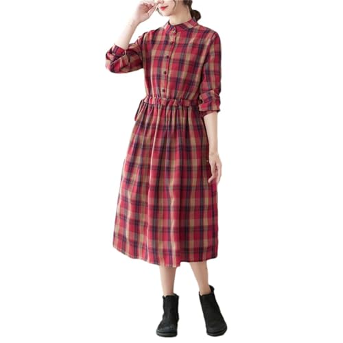 Hdhdeueh Damen-Kleid, Baumwolle, kariert, langärmelig, Revers, schmale Passform, Kordelzug, A-Linie, lässig, Midi-Kleider, rot, M