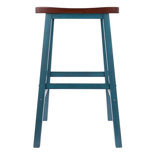 Image of Winsome Satori Saddle Seat 29In Bar Stool Rustic Teal and Walnut Finish