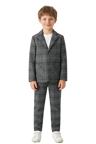 LOLANTA Conjunto de Traje de 2 Piezas para niños, Chaqueta y pantalón, Ropa Informal o Traje para Bodas, pajes, Cuadros Grises, 11 12 años, 160