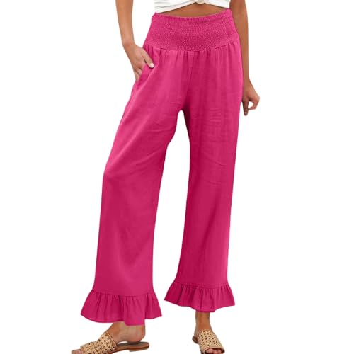 Image of Palazzo Pants for Women Linen Smocked Elastic Waist Ruffle Wide Leg Pants Summer Beach Flowy Boho Pant with Pockets