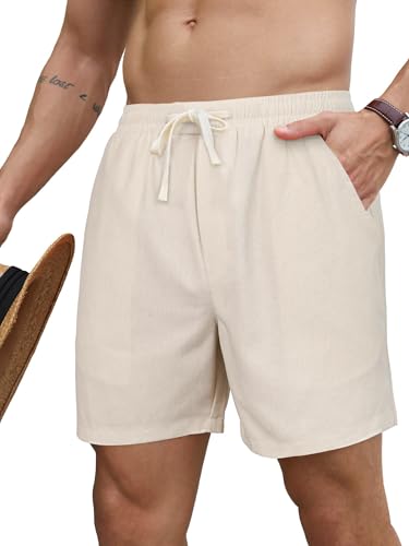 PLEPAN Mens 5 Inch Linen Shorts - Casual Elastic Waist Drawstring Summer Beach Shorts with Pocket Beige Large