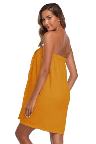 Image of Women's Bath Towel Wrap Waffle Spa Body Wrap with Adjustable Closure Quick Dry Lightweight Towel Robes with Pocket, Orange S /M