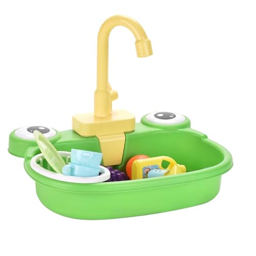 Fregadero para niños con agua corriente, fregadero de plástico para juegos de ranas con grifo giratorio de 180°, con modelo de juguete para verduras, frutas, vajilla, detergente y cesta de drenaje