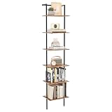 POBOMULI 6-Tier Ladder Shelf, 77 Inches Wall Mounted Ladder Bookshelf with Metal Frame, Wood Tall Open Storage Rack and Display Shelves for Home Office Bedroom Living Room, Rustic Brown