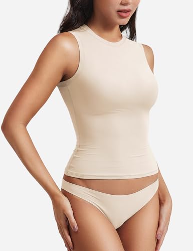 Image of YEOREO Women Basic Mock Neck Workout Crop Top Sleeveless Double Lined Tank Tee Slim Fitted Ruched Going Out Camisole