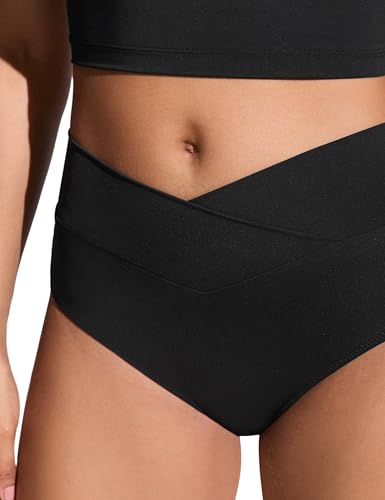 Image of CRZ YOGA V-Shaped High Waited Bikini Bottoms | Mid Cut Leg, Medium Bum Coverage, Cross Front, Swim, Bathing Suit Briefs for Women