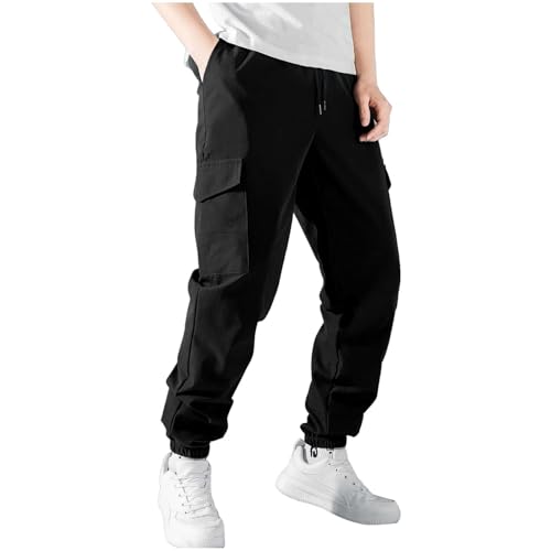 Drawstring Cargo Pants Men Solid Pockets Elastic Waist Long Joggers Trousers Elastic Waist Workout Trouser Pants