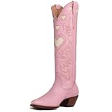 Alsoloveu Embroidered Cowboy Boots Women Heart pattern Knee High Cowgirl Boot Chunky Heel Pull On Western Booties Size 8 US, Pink