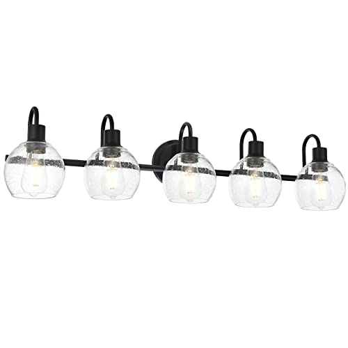 Image of 5-Lights Black Bathroom Vanity Light Fixtures Over Mirror, Modern Vanity Wall Sconce Lighting with Globe Seeded Glass Lampshades for Bedroom Kitchen Hallway