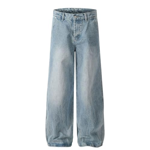 Jeans Pants Trousers Denim Street Trendy Retro Straight Tube Washed Blue Premium Commuter for Men