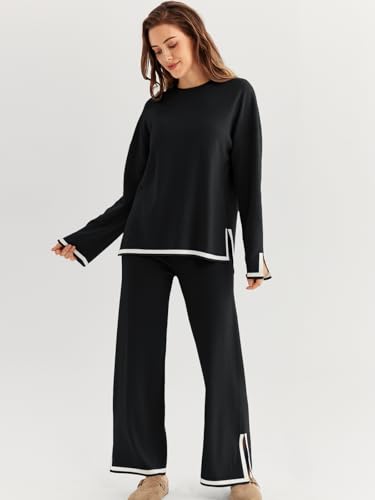 LILLUSORY Women Fall 2 Piece Lounge Set Outfits Sweatsuits Long Sleeve Sweater Tops Wide Leg Pants3