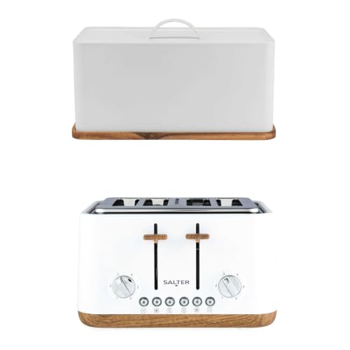 Image of Salter Toronto Toaster & Bread Bin Set – 4-Slice Toaster with 6 Browning Levels, Cancel, Reheat & Defrost, Large Bread Bin with Chopping Board, Wooden Base for Chopping/Serving, White, COMBO-9538