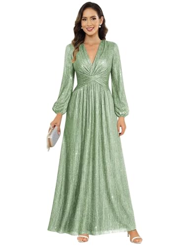 Image of Women's Formal Wedding Guest V Neck Glitter Sequins Mother of The Bride Dresses Long Sleeve