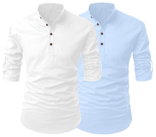 Image of FINIVO FASHION Combo of Men's Cotton Blend Solid Regular Fit Full Sleeve Straight Short Kurta Shirt, Casual and Formal Wear