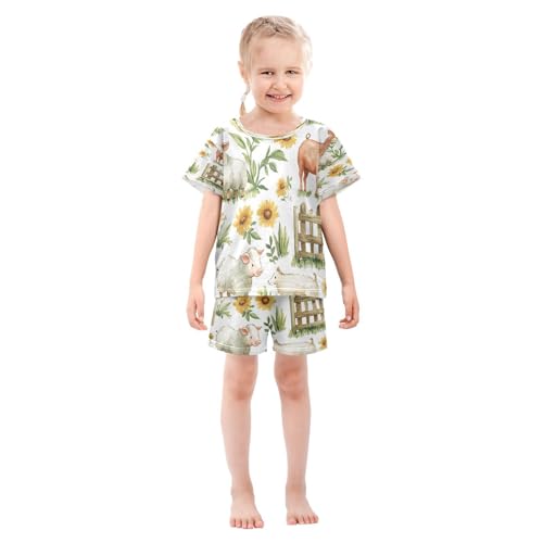 Pajama Sets Short Sleeve Farm Animals Flowers Soft Cotton Summer Sleepwear 2 Piece PJS Size 5-14T4