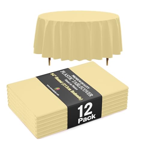 Image of Exquisite 66% Thicker Premium Light Yellow Round Tablecloth 0.5 Mil 12 Pack Plastic Table Cloth Disposable 84 Inch Round Plastic Tablecloth Won't Tear Easily Like Cheap Thin Brands
