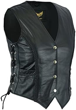 Leatherick Women Top Grain Genuine Buffalo Black Ladies Leather Vests for Motorcycle Bikers (as1, alpha, x_l, regular, regular, Black (With Braid), XL)