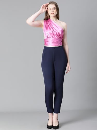 Image of oxolloxo Women Solid Elasticated One-Off Shoulder Satin Crop Top