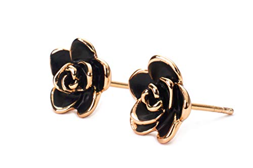 18K Gold Plated Stud Earrings,Black Rose Flower Studs For Women Hypoallergenic - Main Image